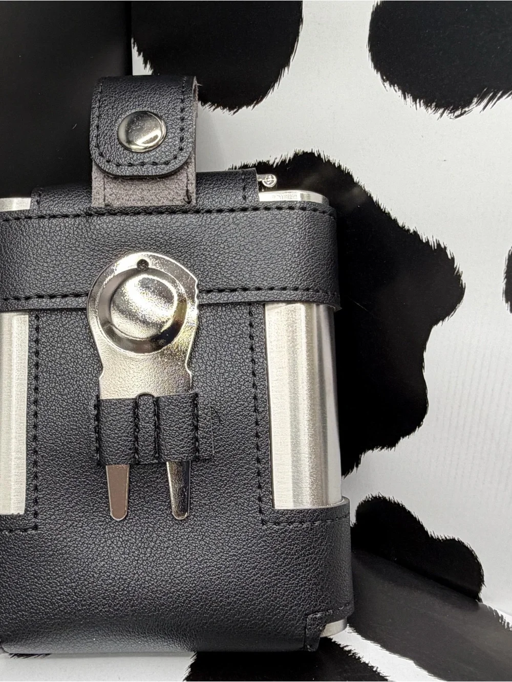 Leather Golf Tee & Stainless Flask Holder with 4 Wooden Tees - Black